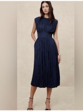 NWT Banana Republic Midi Pleated Cocktail Black Dotted Fit and Flare Dress